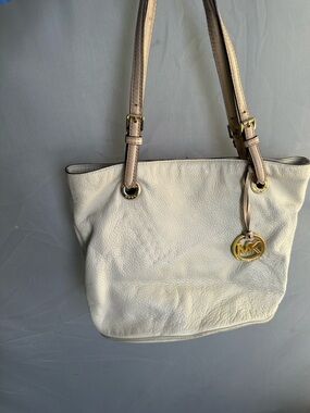 Michael Kors Taupe Leather Shoulder Tote with Gold MK Charm
